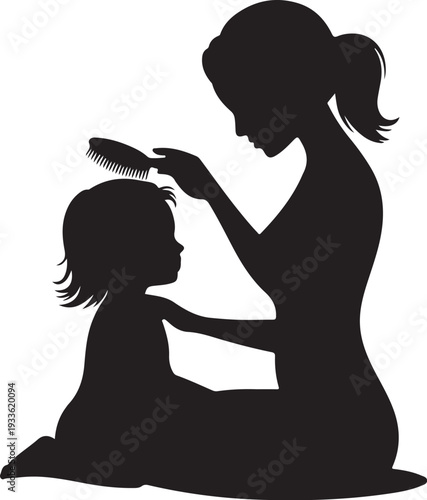 Black silhouette of woman combing child's hair combing