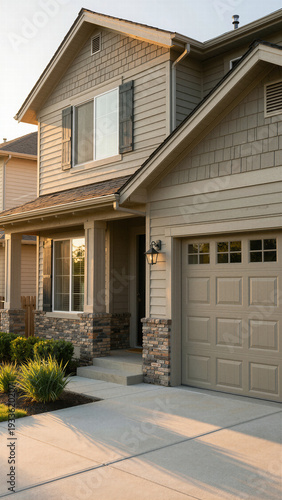 Wallpaper Mural Beautiful modern suburban family home exterior featuring a classic garage door and stone accents under soft daylight perfect for real estate marketing.
 Torontodigital.ca