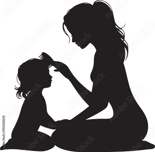 Black silhouette of woman combing little girl's hair