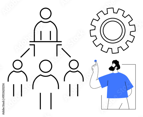 Leadership, team management, workflow planning, business structure, organization, decision-making. Outline of organizational hierarchy with a leader, team members, cogwheel and person holding a key