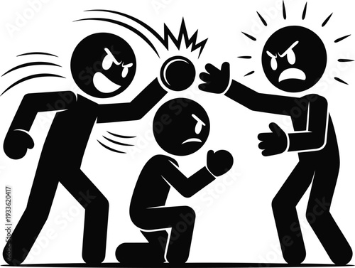 Black and white of bullying with three stylized figures showing aggression and impact
