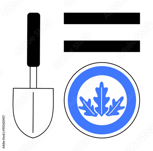 Gardening trowel beside two black equality bars and a blue circular emblem featuring oak leaves. Ideal for environment, sustainability, gardening, equality, protection, outdoor activity, simple flat
