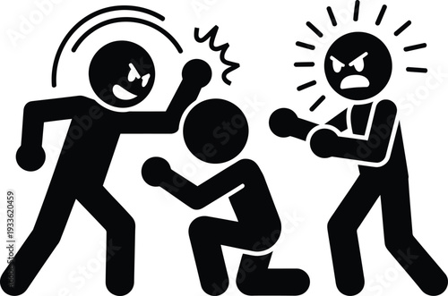 Black and white of three stylized figures in a physical confrontation and distress aggression anger