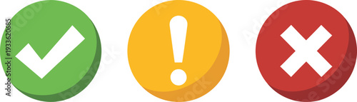 Green Check Mark Yellow Exclamation Mark Red Cross Symbols on Round Colorful Buttons checkmark
