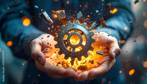 Shattering gear mechanism in hands with bright energy center, representing transformation, problem solving, and industrial change.