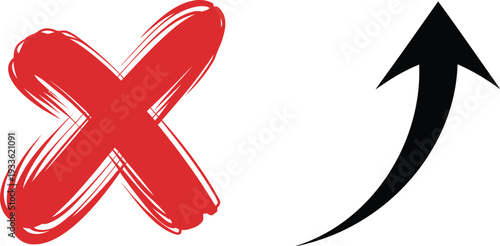 Red handdrawn X mark and black upward arrow on white background