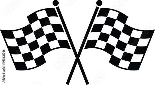 Two crossed black and white checkered racing flags on flagpoles