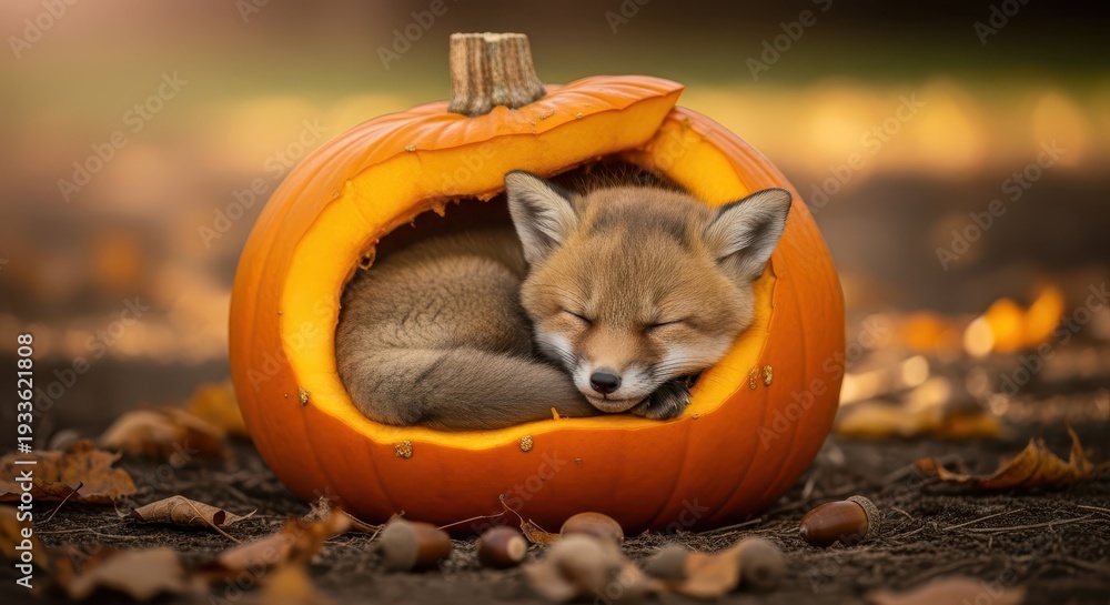 Obraz premium Young wild canine rests peacefully inside a hollowed orange gourd outdoors during autumn
