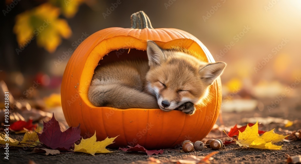 Naklejka premium Adorable young wild canine animal peacefully sleeping inside a carved gourd during autumn