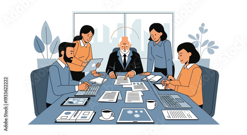 Business Professionals Discussing Documents at Meeting Table.