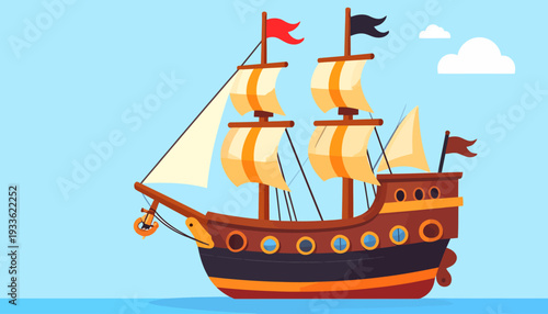 Cartoon Pirate Ship Sailing on Blue Sea