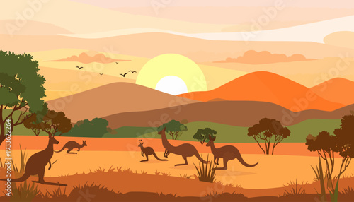 Kangaroos in the Australian Outback at Sunset