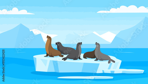 Seals resting on ice floe in icy environment