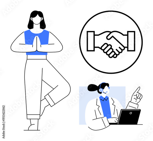 Collaboration concept. Visuals reflect collaboration with a handshake, remote work interaction through a headset, and a yoga pose workplace wellness. Great for wellness, teamwork, remote work, mental