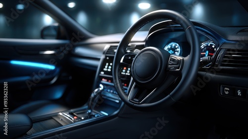 Stylish modern car interior with sleek dashboard, advanced technology, and ambient lighting features
