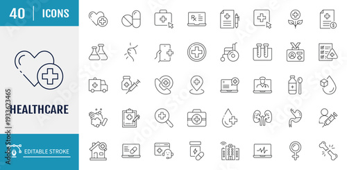 Healthcare Icons set. Includes health, research, organs and more. Vector illustration with editable strokes
