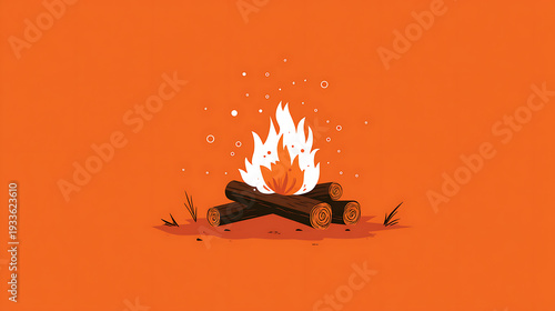 Cozy campfire with logs and glowing flames on orange