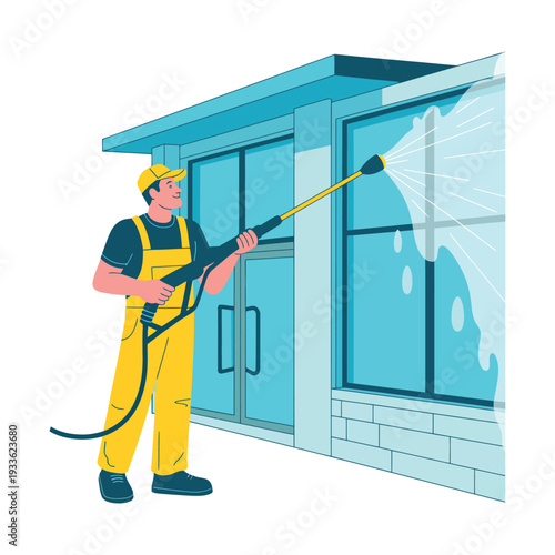 A man in yellow overalls using a pressure washer to clean a building's exterior wall and windows.