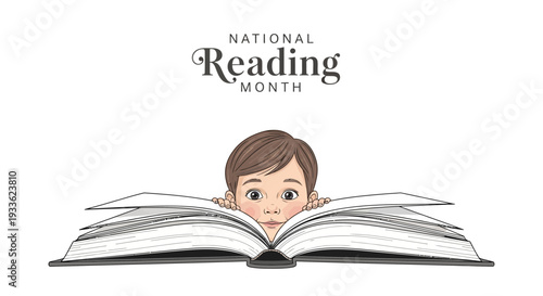 Vector illustration of a boy reading a book during National Reading Month with a cheerful expression on a white background.