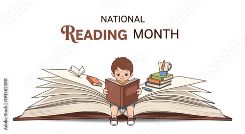 A cheerful child sits on a large open book with reading materials and books scattered around, celebrating National Reading Month with a joyful mood against a clean white background.