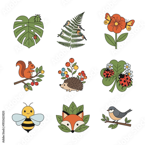 A charming collection of whimsical nature line art illustrations, featuring adorable forest animals, vibrant plants, and cheerful insects, perfect for versatile design projects