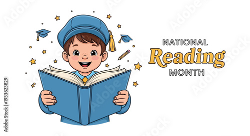 Illustration of a smiling young boy in a blue graduation cap reading a book with a joyful expression for National Reading Month, with a colorful design and educational theme.