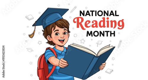 Illustration of a cheerful student in a graduation cap reading a book for National Reading Month with a celebratory mood.