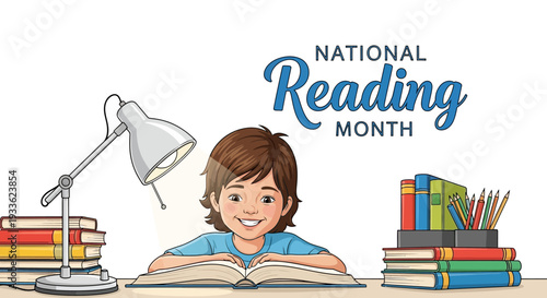 A cheerful young boy reading a book at a desk with a lamp, books, and stationery, celebrating National Reading Month in a classroom setting with a colorful and educational mood.