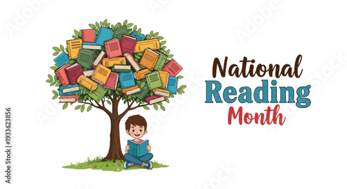 Illustration of a child sitting under a tree with books celebrating National Reading Month with colorful books and a literacy theme in a lively and educational setting.