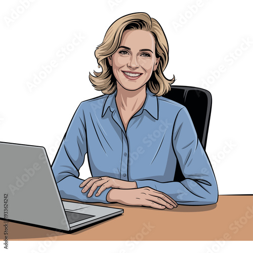 A smiling businesswoman sitting at a desk with a laptop in a modern office setting.