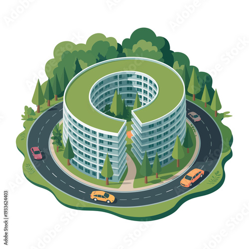 An eco-friendly building with a unique circular design surrounded by lush greenery and a winding road