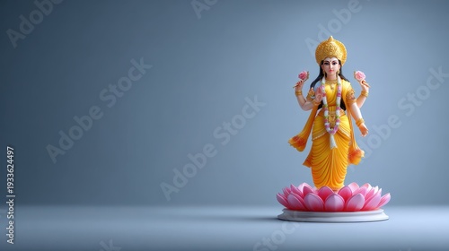 Beautiful Goddess Statue with Lotus Flowers and Decorative Elements on Grey Background