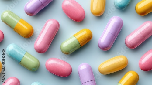 Colorful Capsules and Pills on Soft Blue Background for Health and Wellness Illustrations and Presentations