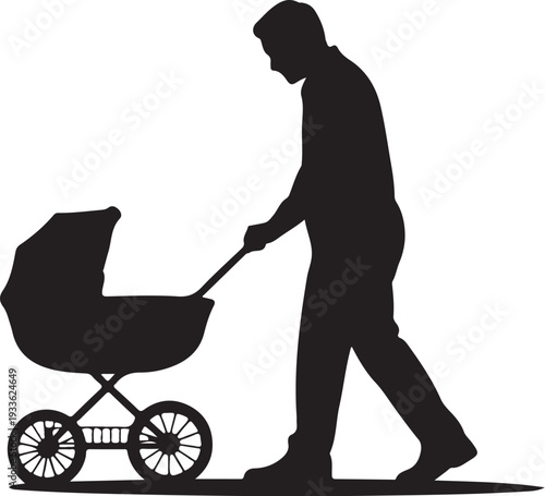Silhouette of man pushing baby stroller black white