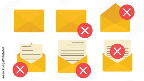 Email Error Envelope Icon Set with Cross Mark Isolated on White Background