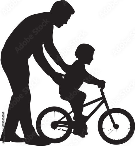Silhouette of man teaching child to ride bicycle bike