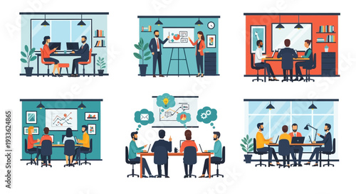 Office Workers in Various Meeting Scenes.