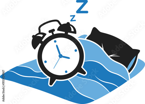 Black alarm clock with blue pillow and sleep zzz on light blue blanket bedtime