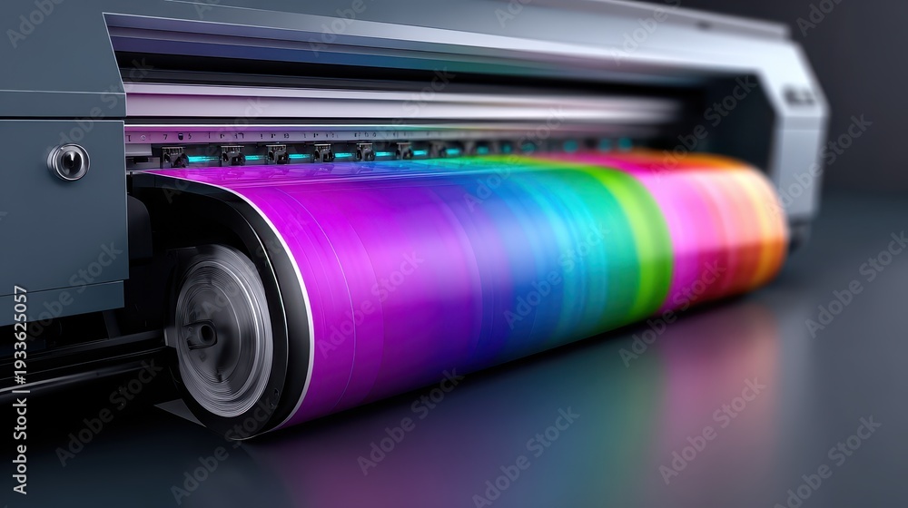 Obraz premium High-Resolution Digital Printing Machine with Vibrant Color Roll in Focus and Modern Industrial Design