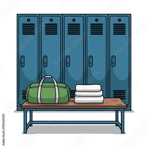 A green gym bag and folded towels on a bench in front of blue lockers.
