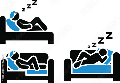 Black and blue of people sleeping on bed and sofas in different positions rest person