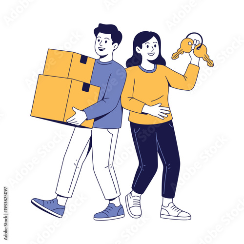 A happy couple moving into their new home with boxes and keys
