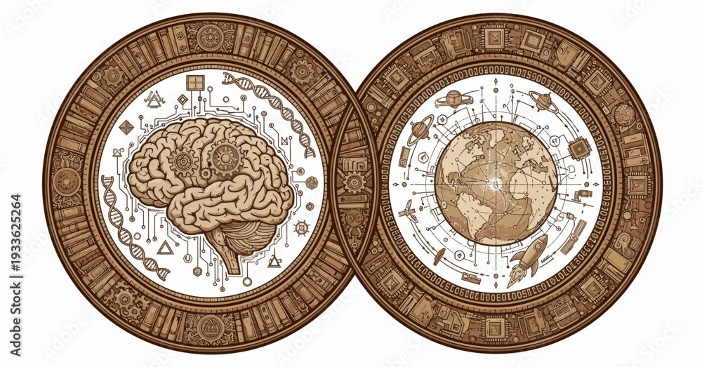 Fototapeta premium Illustration of brain and earth symbols in circular frames with intricate designs concept 3 (1).eps