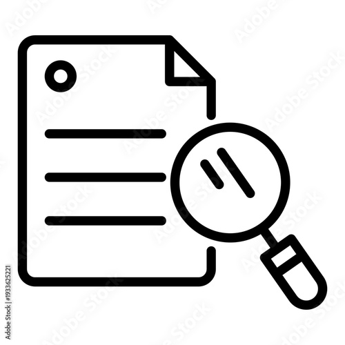 Minimalist line icon showing a magnifying glass over a document for audit purposes