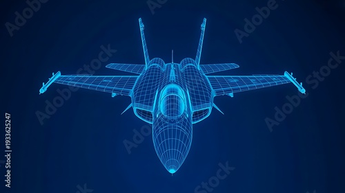 Futuristic military fighter jet hologram blueprint technology concept