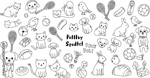 Cute Cartoon Pets and Sports Equipment Doodle Set. Hand-drawn outline vector illustrations of cats, dogs, rabbits, birds, rackets, balls, shoes, and more.