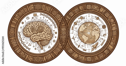 Illustration of brain and earth symbols in circular frames with intricate designs concept 3 (1).eps