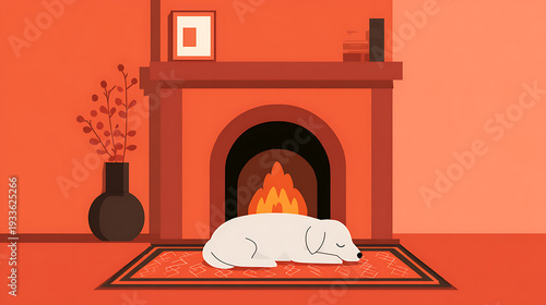 Cozy dog sleeping by a warm fireplace indoors