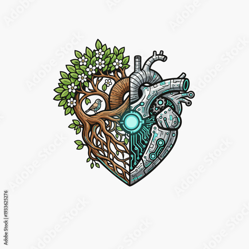 Anatomical heart merging with tree branches and mechanical parts, symbolizing harmony between nature and technology in a unique illustration