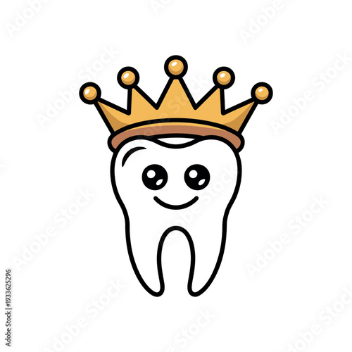 A cartoon tooth wearing a golden crown with a happy face